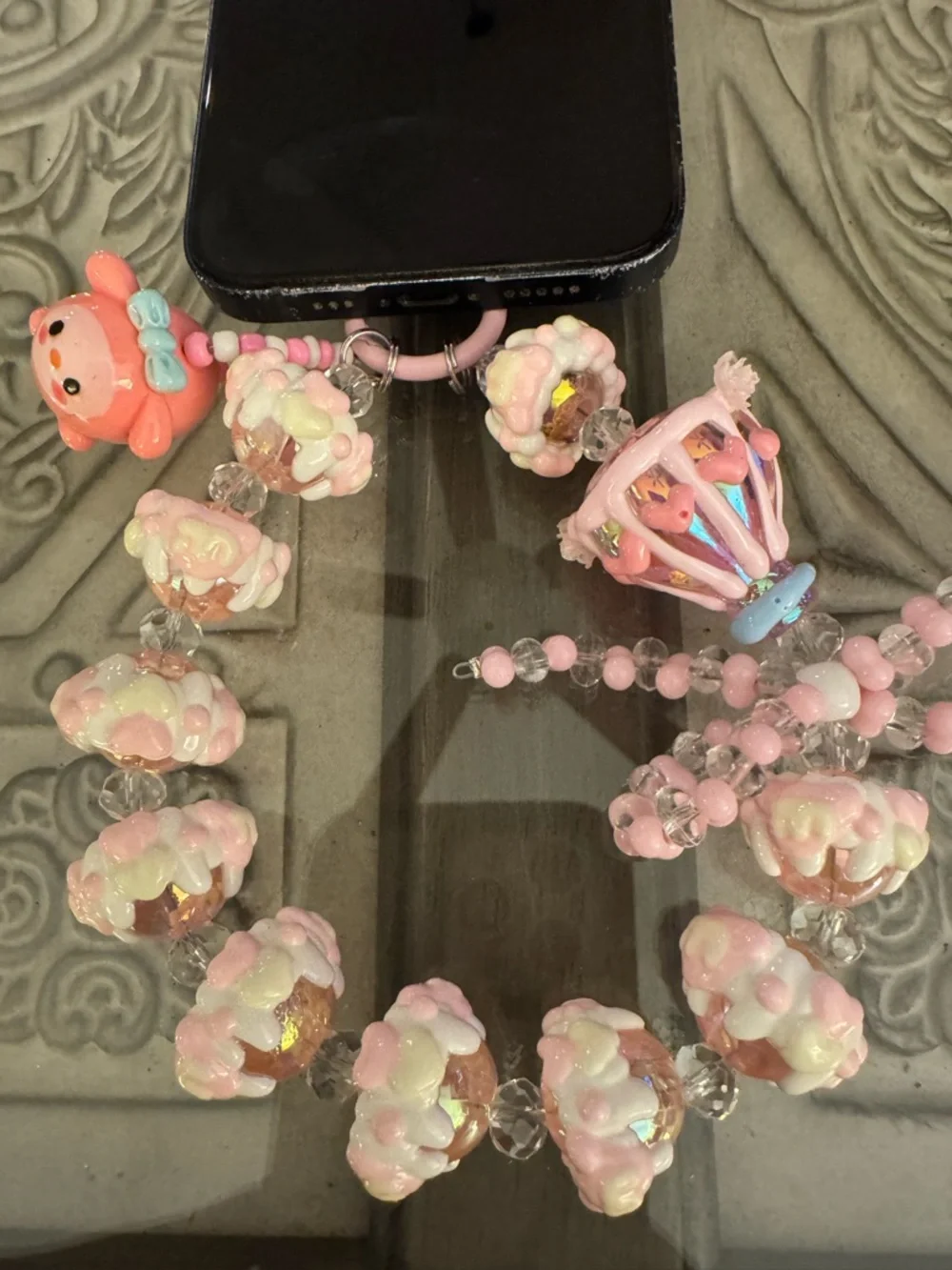 New Pink Cloud Bead Kids Phone Charm with Bear and Hot Air Balloon